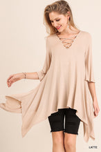 Asymmetrical Tunic with Criss Cross Neckline and Bell Sleeves