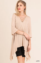 Asymmetrical Tunic with Criss Cross Neckline and Bell Sleeves